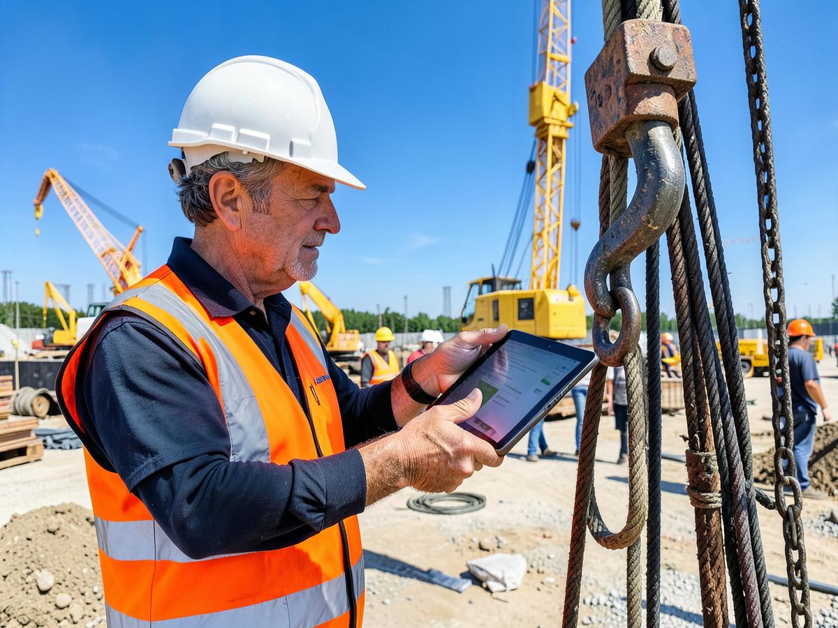 Inspector recording findings on a tablet beside a crane hook on site