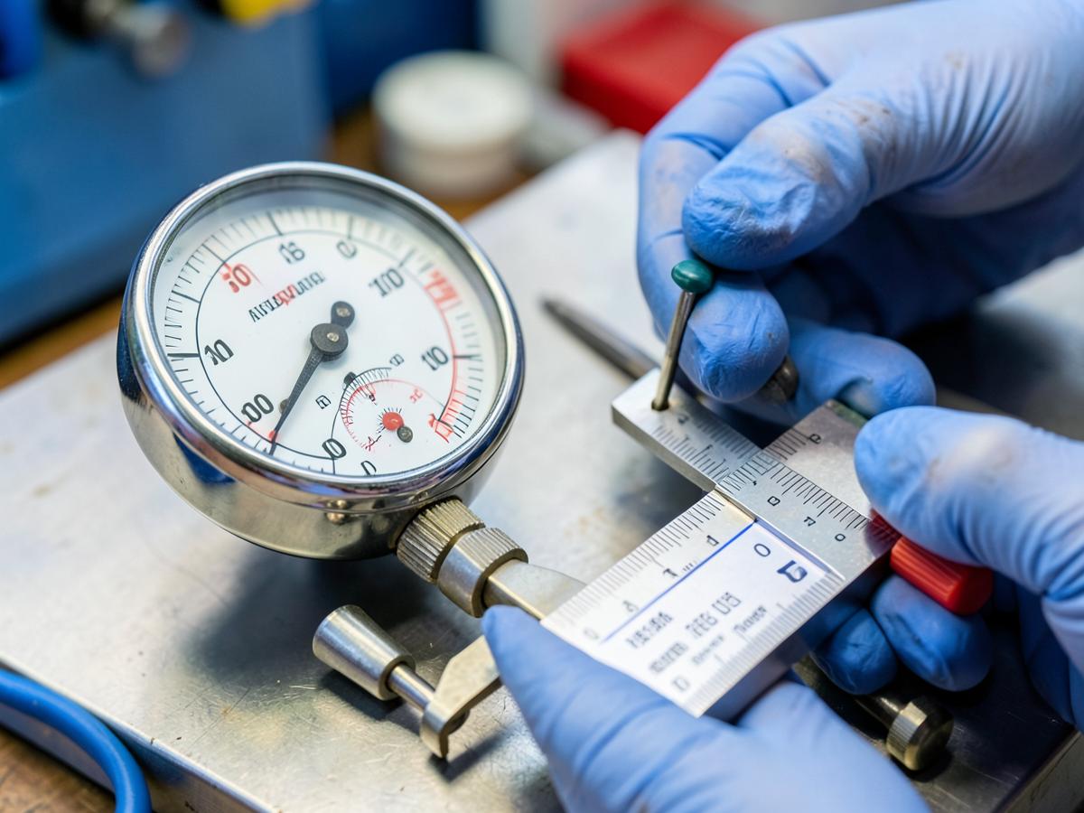Close-up of a calibrated pressure gauge and precision measuring tools