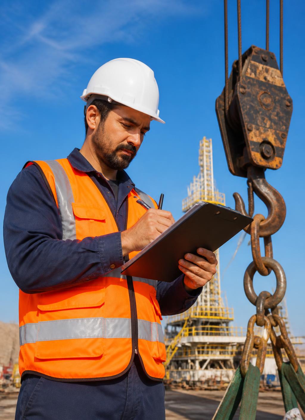 Safety inspector reviewing a lifting equipment checklist on site