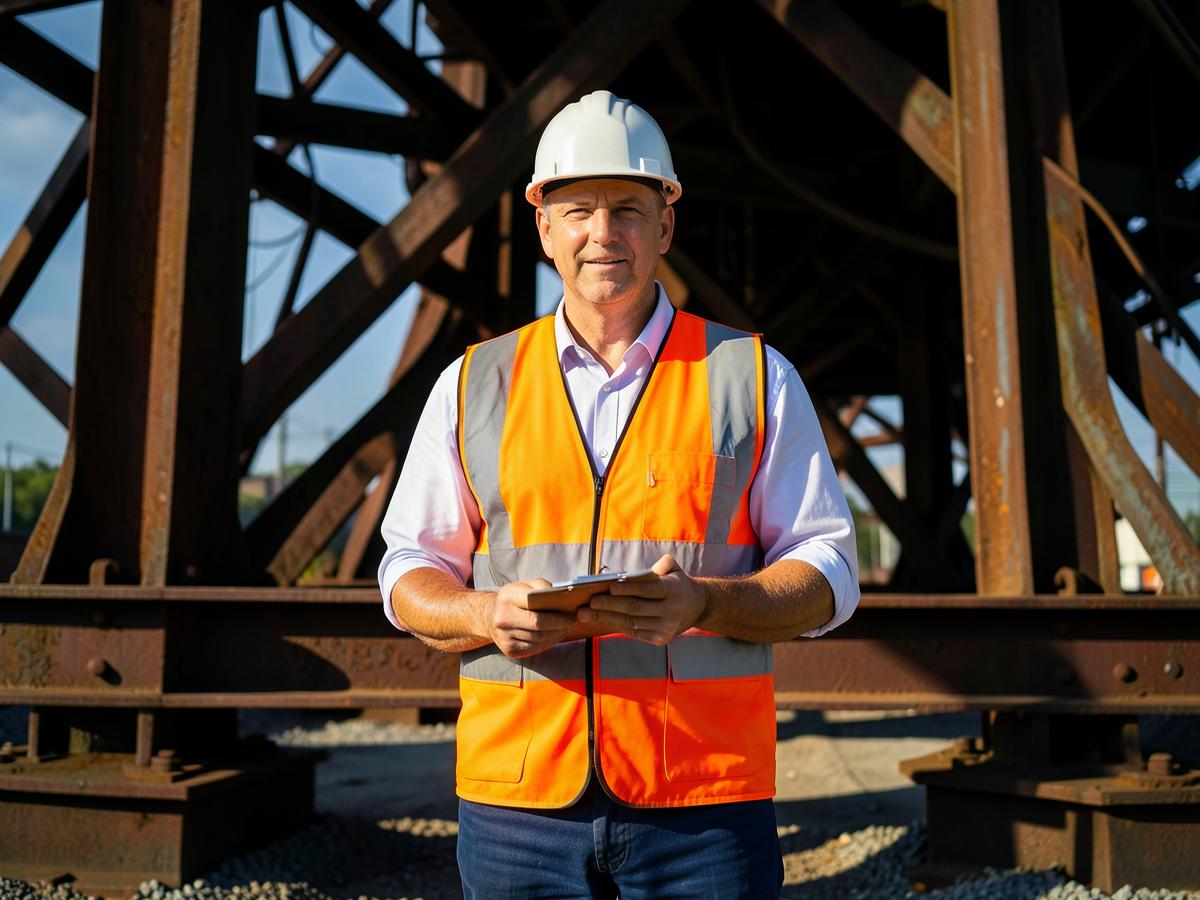 Independent inspector on site in front of a steel structure